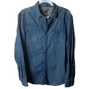 Helix Men’s Sz XL Blue Black Graphic Snap Up Athletic Fit Shirt